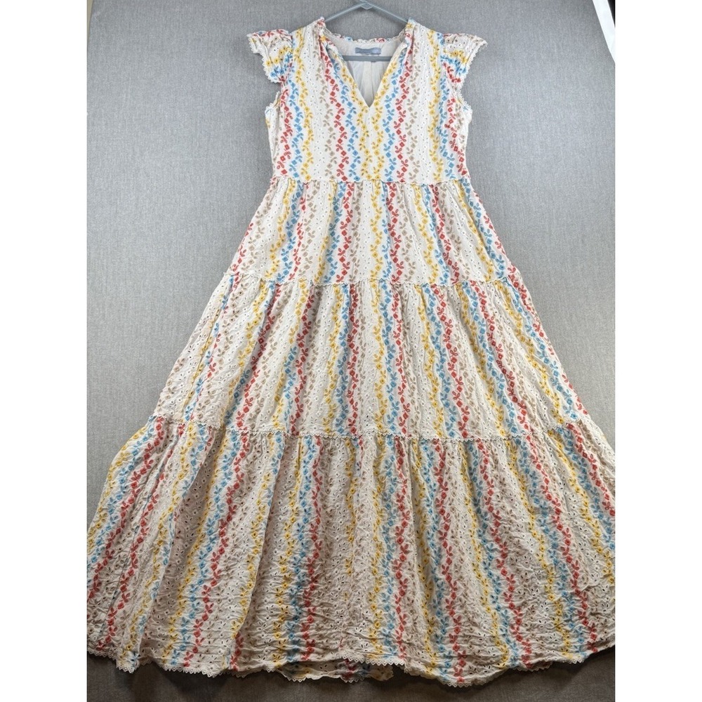 Antonio Melani Dress Women 12 White Floral Eyelet Maxi Boho Pockets Zip